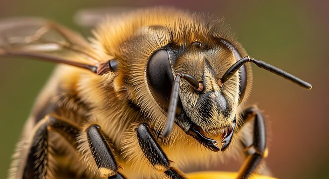 Extreme close-up of a fuzzy honey bee with detailed compound eyes and antennae.