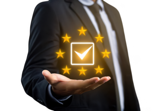 Businessman holding a glowing checkmark in a square with stars isolated on transparent background