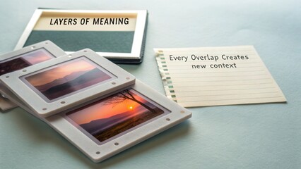 Composition of photo slides overlapping on a modern studio surface