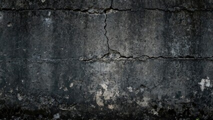 Obraz premium Weathered concrete surface displays prominent horizontal and vertical fractures across its dark facade