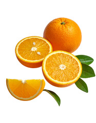 Fototapeta premium Oranges on Transparent Background - Falling Orange with Green Leaves for Product Placement - Fresh, Fruit and Clean Marketing Visual