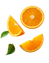 Fototapeta premium Oranges on Transparent Background - Falling Orange with Green Leaves for Product Placement - Fresh, Fruit and Clean Marketing Visual