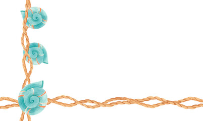Watercolor nautical frame with twisted ropes and blue seashells isolated on white. Marine corner border with spiral shells in vintage boho style for summer designs, invitations, cards or packaging.