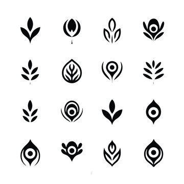 Collection of sixteen black stylized leaf and eye shaped abstract logos on white background Keywords: logo, abstract, symbol, icon, design