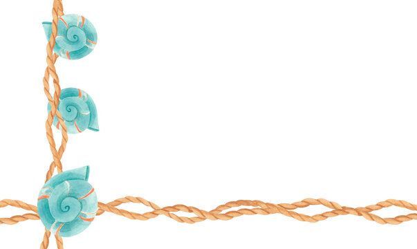 Watercolor nautical frame with twisted ropes and blue seashells isolated on white. Marine corner border with spiral shells in vintage boho style for summer designs, invitations, cards or packaging.