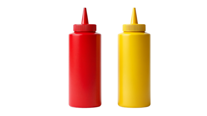 Two squeeze bottles of ketchup and mustard on a white background.