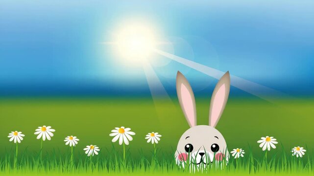 cute easter bunny hide in a flower meadow illustrated animation
