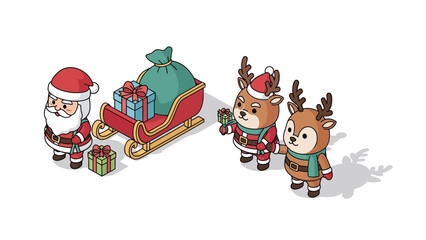 Isometric illustration of Santa Claus with reindeer and a sleigh full of gifts.