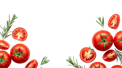 Fresh ripe red tomatoes and rosemary sprigs arranged as a border on a clean white background with copy space.