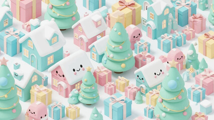 Pastel Christmas Scene: Houses, Trees, and Gifts.