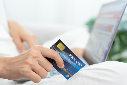 Woman use shopping online by credit card, stay home, technology, electronic commerce, internet, market place ,digital, credit, electronic delivery, business,  modern, ordering, privacy