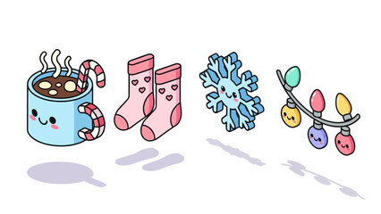 Cute winter themed cartoon illustration with hot chocolate, socks, snowflake, and string lights.