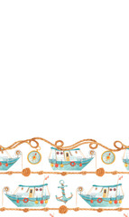 Watercolor nautical border with fishing boats, compasses, anchors, sailor knots and twisted rope border. Marine template in vintage style for summer designs, invitations, greeting cards, kids' decor.