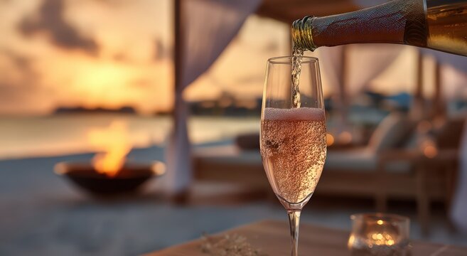 Sparkling ros? poured into a flute on a beach at sunset with a fire pit