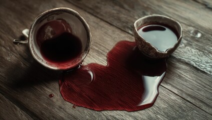 Spilled blood from overturned teacups on a wooden table