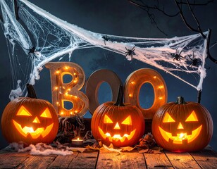 Spooky scene with illuminated pumpkins, "BOO" sign, spiders, and cobwebs against a dark blue background