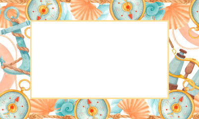 Marine watercolor frame with compass, binoculars, anchor, nautical ropes and seashells. Ocean border in soft blue and coral tones for summer invitations, cruise cards, travel templates, maritime decor
