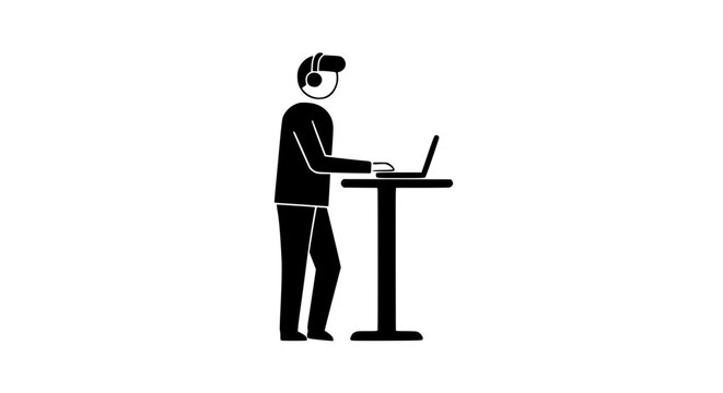 Man typing standing black white icon 