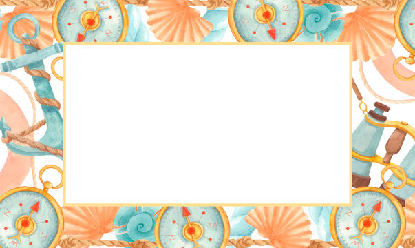 Marine watercolor frame with compass, binoculars, anchor, nautical ropes and seashells. Ocean border in soft blue and coral tones for summer invitations, cruise cards, travel templates, maritime decor