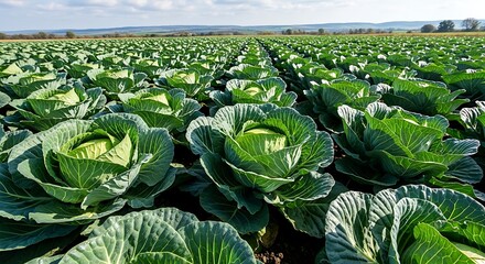 Expansive field of fresh green cabbage plants under a sunny sky.