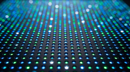 Close-up of a vibrant digital light grid with shimmering blue and green dots creating an abstract technological background.