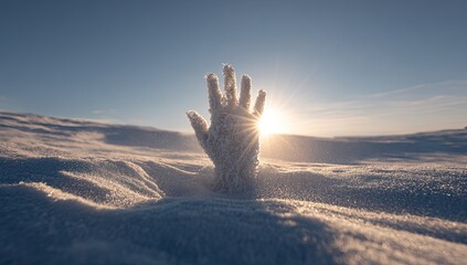 A frozen hand emerging from a snowy expanse. Sunlight streams down