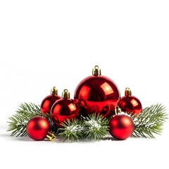 A festive arrangement of shiny red Christmas ball ornaments nestled on a snow-dusted evergreen branch against a simple white background