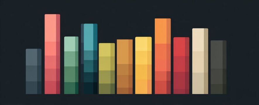 Multi-colored bars on a dark background forming a histogram