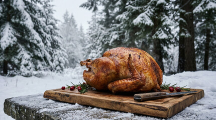 A perfectly roasted turkey garnished with cranberries and rosemary on a wooden board in a snowy winter forest landscape.