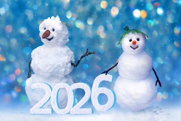 Snowman points to his young successor with New Year 2026 for calendar and new year card.