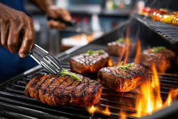 Grilling perfectly seared steaks with fresh herbs at an outdoor barbecue event