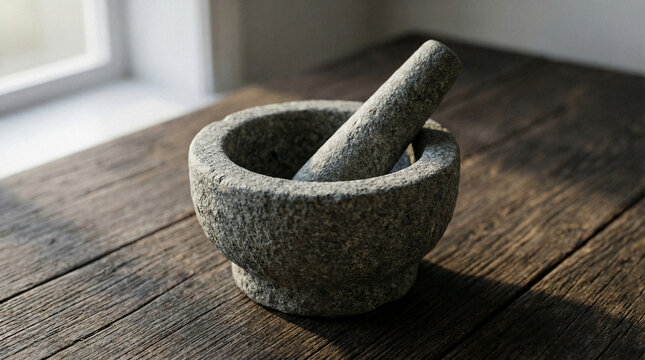 Stone mortar and pestle on a rustic wooden table near a window, bathed in natural light.