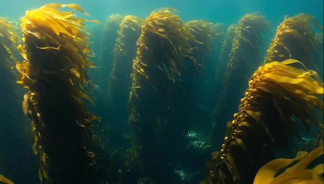 Underwater kelp forest sways gently in the ocean current, creating a vibrant and dynamic marine scene perfect for nature documentaries