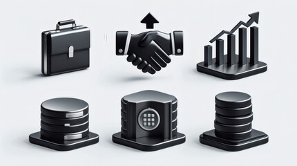 Collection of modern 3D icons representing business, technology, and data concepts, ideal for digital projects