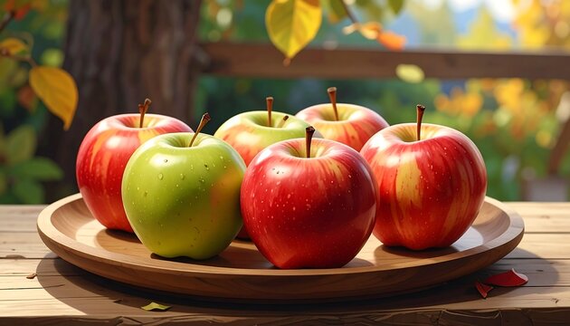 A wooden tray is filled with a variety of apples. Red and green apples sit on a rustic surface with a blurry background of autumn foliage