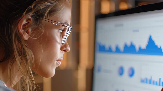 Reading, business woman and computer with digital market research analyst for work at company. Job statistics, glasses and tech of a professional at a