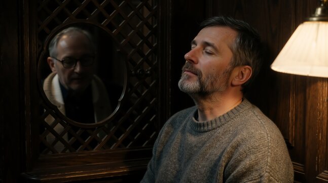 Man confessing to a priest in a wooden confessional booth. Catholic sacrament of reconciliation and forgiveness concept