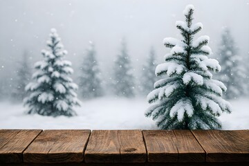 Cozy Winter Scene with Snow Covered Pine Trees and Rustic Wooden Table