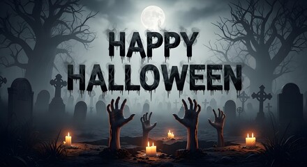 A terrifying night in a haunted cemetery as undead arms break through the soil, surrounded by glowing candles and spooky trees under a bright moon