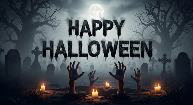 A terrifying night in a haunted cemetery as undead arms break through the soil, surrounded by glowing candles and spooky trees under a bright moon