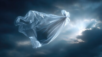Plastic bag floating in a dramatic sky