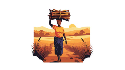 African person carrying firewood for household use. Suitable for everyday living, responsibility, and real-life resilience scenes