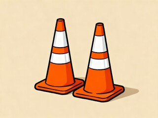 Two orange and white traffic cones are shown in a drawing
