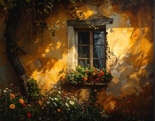 Sunny exterior wall with window box bursting with flowers. Lush foliage surrounds the charming, aged, sun-drenched facade