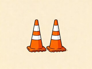 Two orange and white traffic cones are shown in a cartoonish style