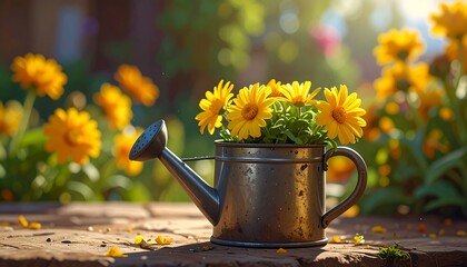 Sunny image showcasing bright yellow flowers in a metal watering can placed on a wooden surface, with a lush garden background