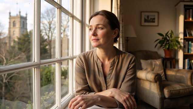 Thoughtful woman looking out window at historic church view. Relaxed middle aged female sitting in cozy living room