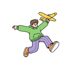 Young Boy Running and Playing with Toy Airplane, Hobby and Imagination Vector with Exaggerated Perspective Style