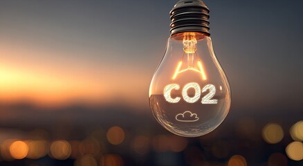 Illuminated lightbulb displaying CO2 and cloud graphic against a sunset cityscape
