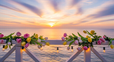 Pastel-toned balcony overlooking a serene ocean at sunrise, featuring pink tulips and blossoming flowers